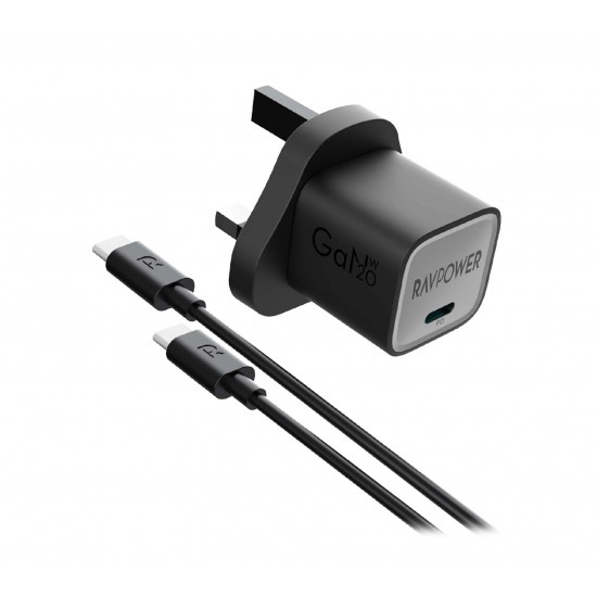 RAVPOWER - RP-PB1057 PD PIONEER 20W WALL CHARGER + USB CABLE WITH TYPE-C TO TYPE-C CONNECTOR BLACK UK VERSION