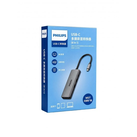 ADAPTER PHILIPS TYPE-C 8 IN 1 - SWR16025 ( HDMI*2  DP  VGA ) يعرض الصورة على اكثر من شاشة بشكل منفصل